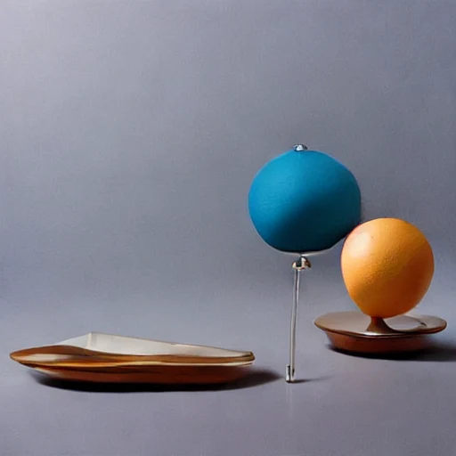 AI-generated still life: teal and amber sculptural spheres with a folded ivory vessel on a neutral studio background