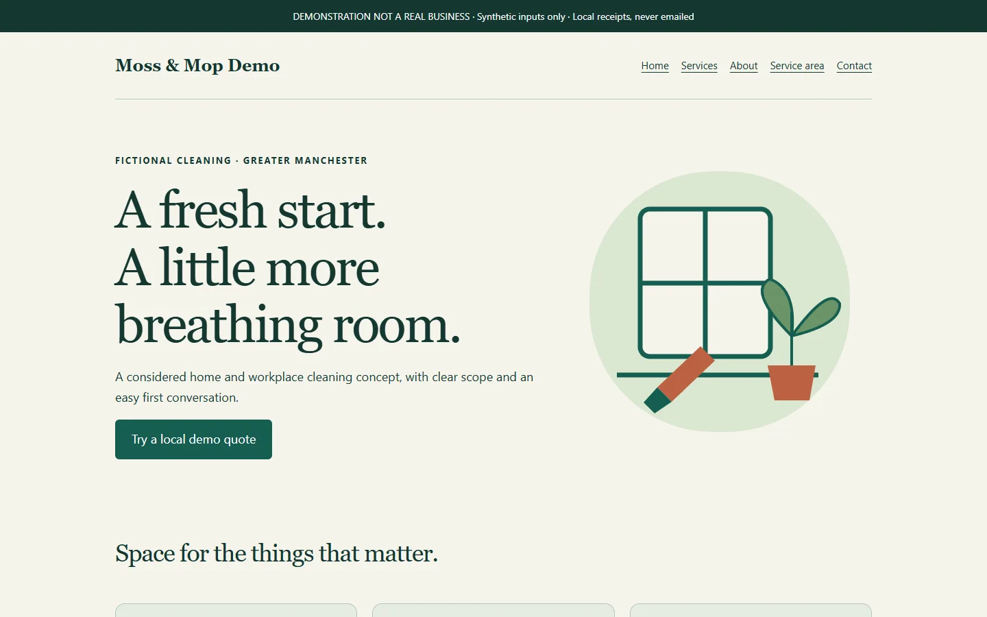 Moss & Mop — Five-Page Website Cycle Demo — desktop preview