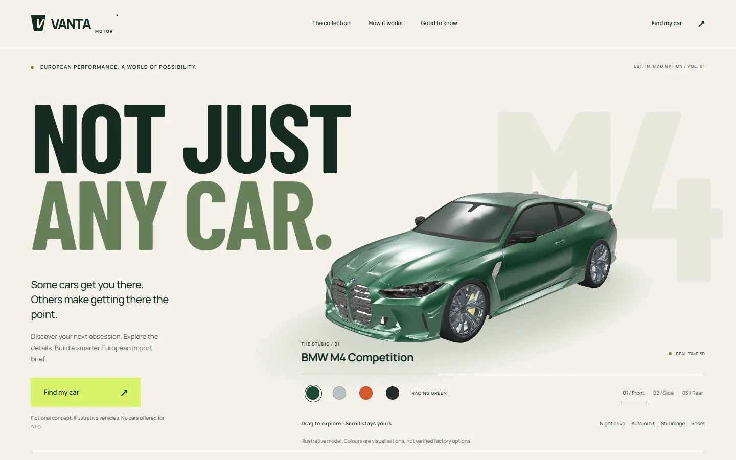 VANTA Motor concept website with an automotive showroom